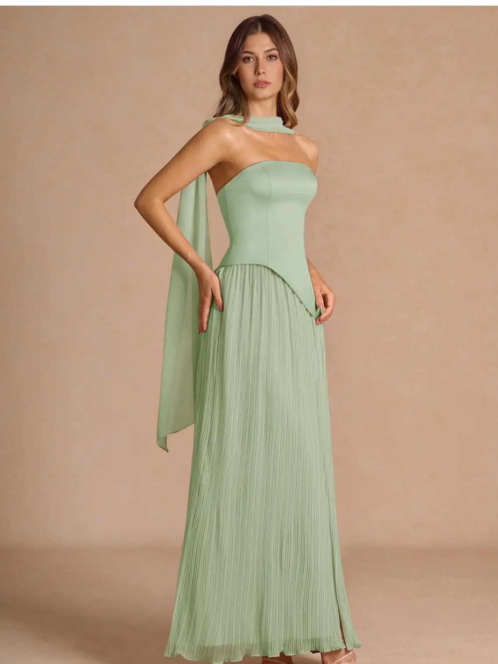 Strapless Sage Green Evening Gown with Draped Neck Scarf
